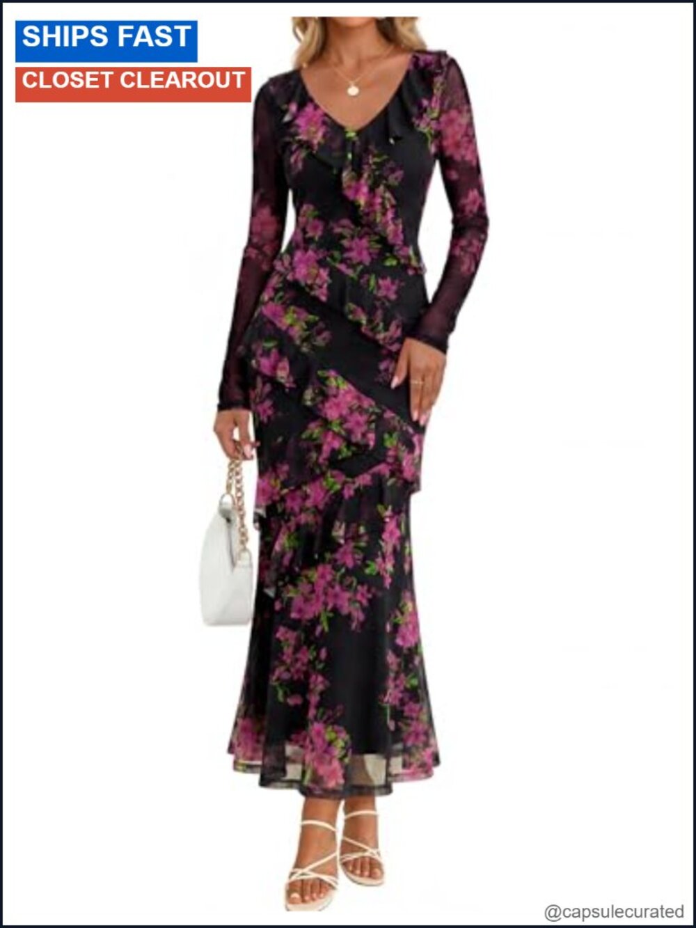 ZESICA 92% Polyester 8% Elastane Floral Maxi Dress Long Sleeve Formal